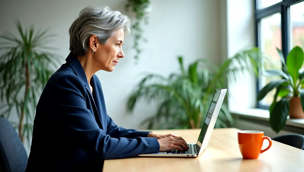 Personalverantwortliche am Schreibtisch in einem hellen Büro, seitlich, vor dem Laptop