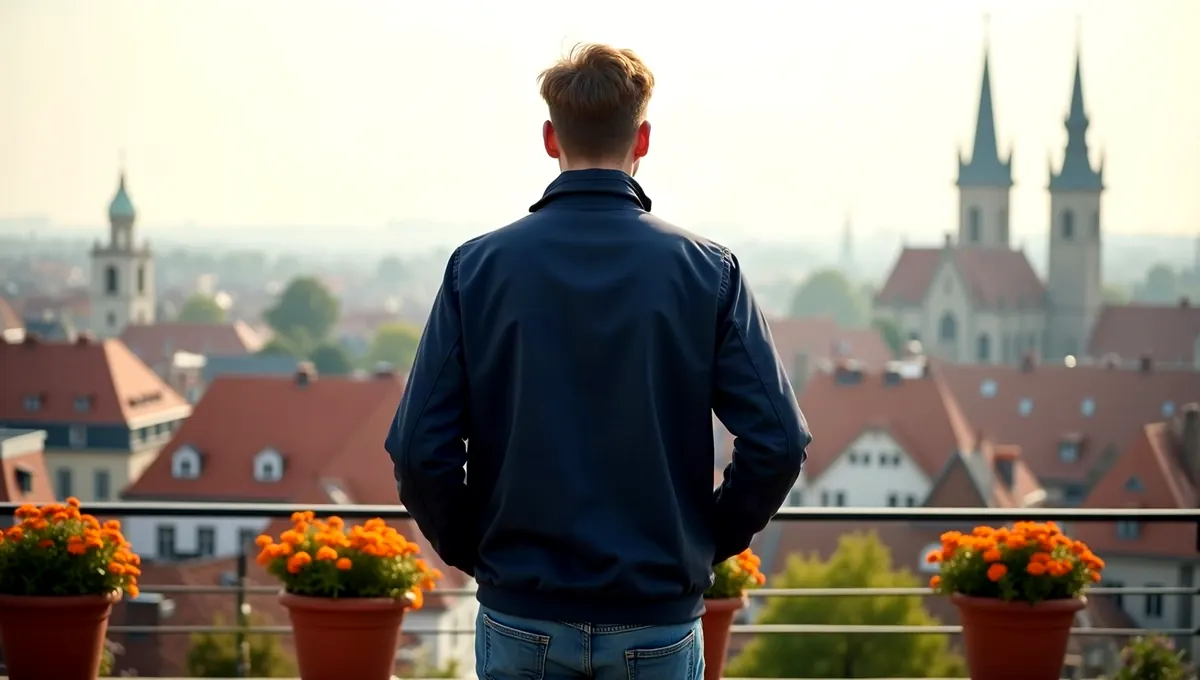 Mann von hinten auf einer Dachterrasse, blickt morgens über die Dächer einer Stadt